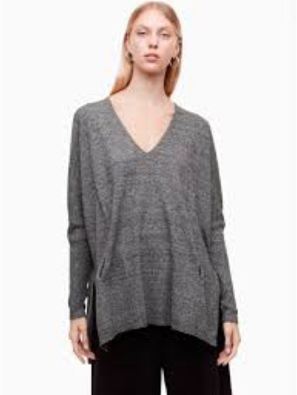 Aritzia Babaton Baylor Sweater V-Neck Relaxed Knit front welt pockets grey - Picture 2 of 11